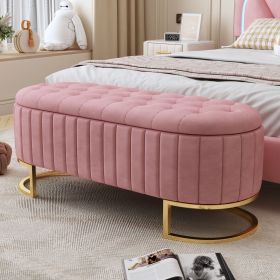 Elegant Upholstered Velvet Storage Ottoman with Button-Tufted,Storage Bench with Metal Legs for Bedroom,Living Room,Fully Assembled Except Legs (Color: Pink)